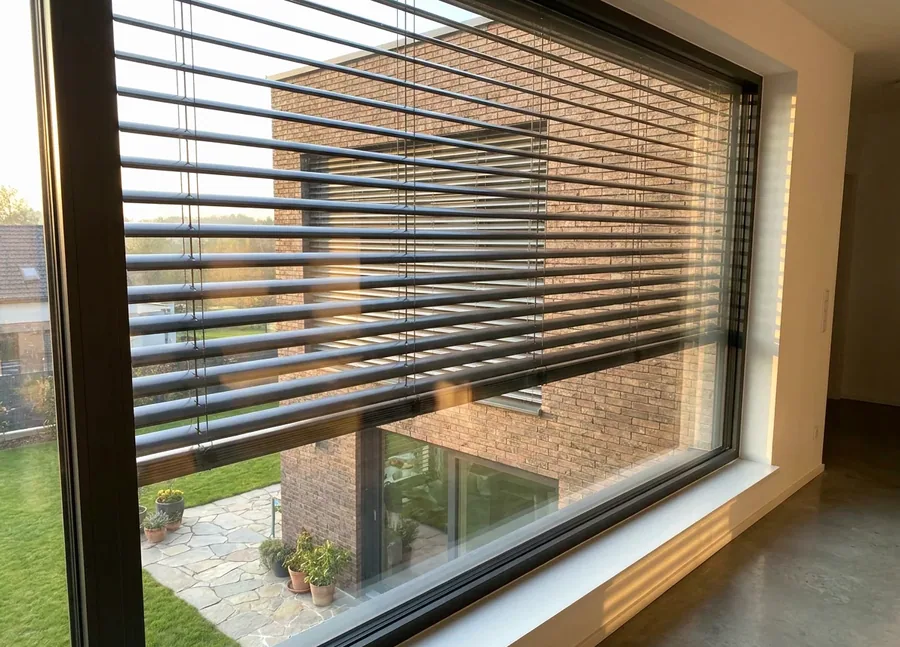 External venetian blind slats outside the glass, seen from inside the living room
