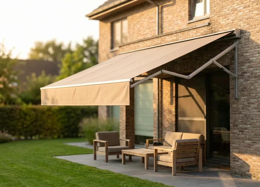 Folding-arm awning extended from its wall cassette on spring-tensioned arms over a patio