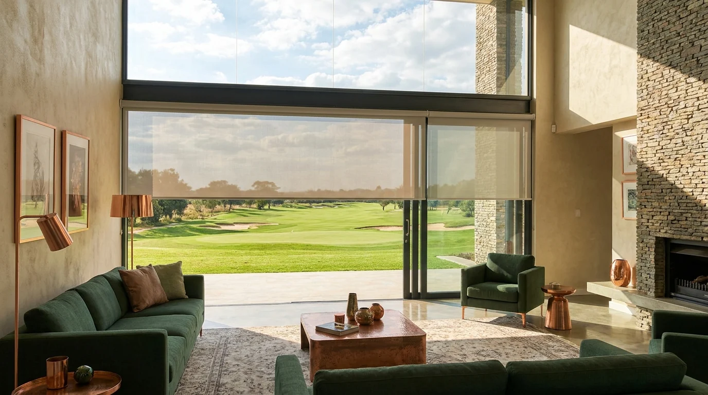 Sunscreen roller blind lowered part-way over a wide fairway-facing glass wall, the green still visible through the mesh