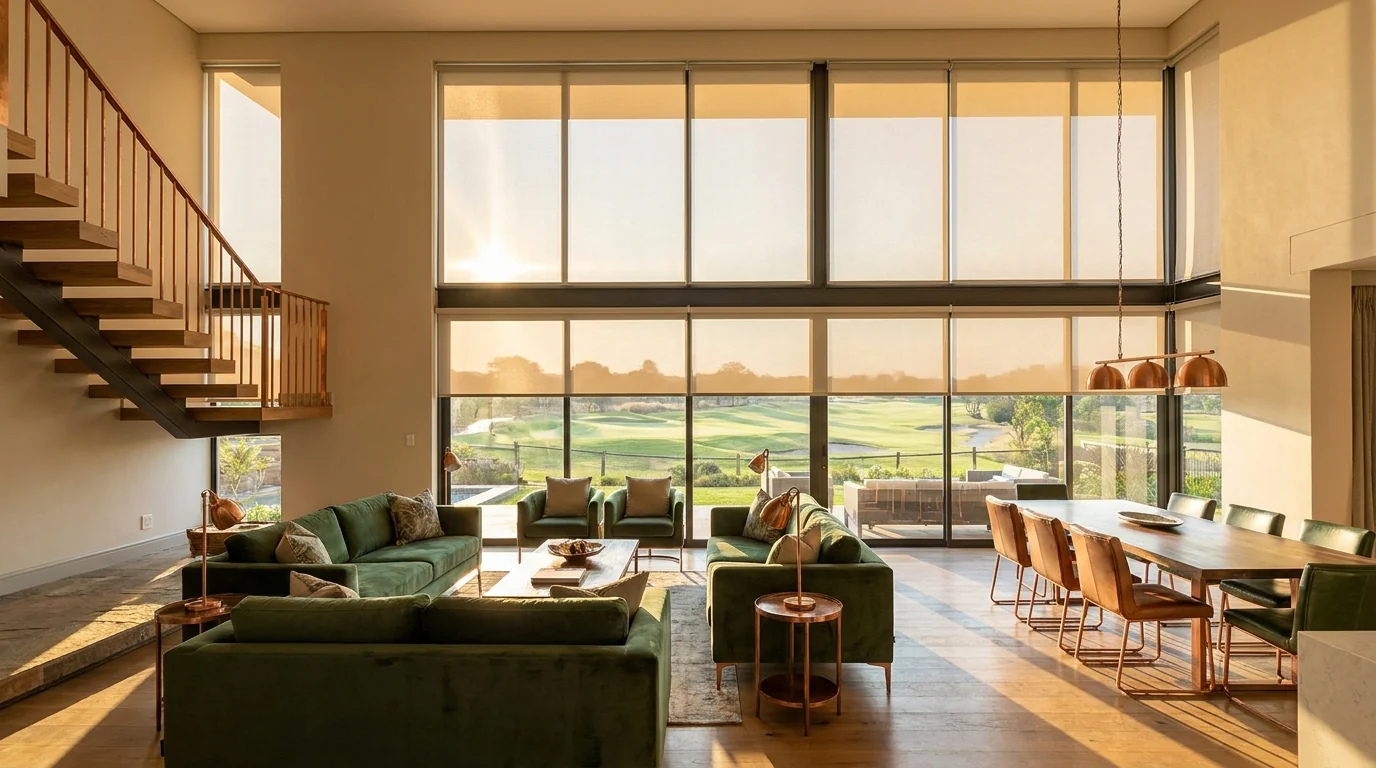 Double-volume open-plan living and dining room in a Copperleaf home with sunscreen roller blinds lowered across a tall wall of fairway-facing glass at golden hour, forest-green sofas and copper accents