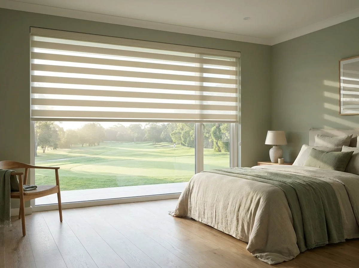 Day and night banded roller blind on a north-facing bedroom window, alternating sheer and solid stripes filtering the light onto a golf course view
