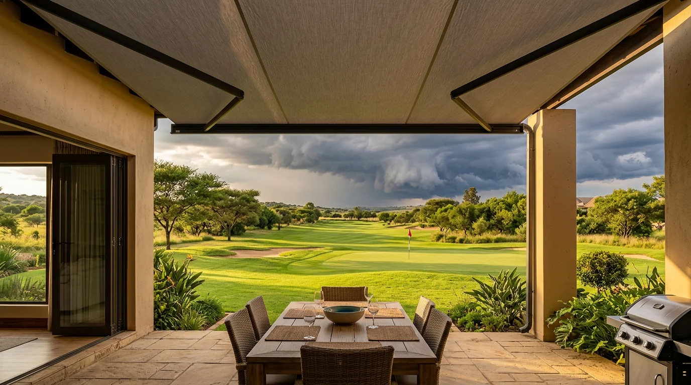 Motorised folding-arm awning extended over a fairway-facing entertainment patio with Highveld storm clouds building in the distance