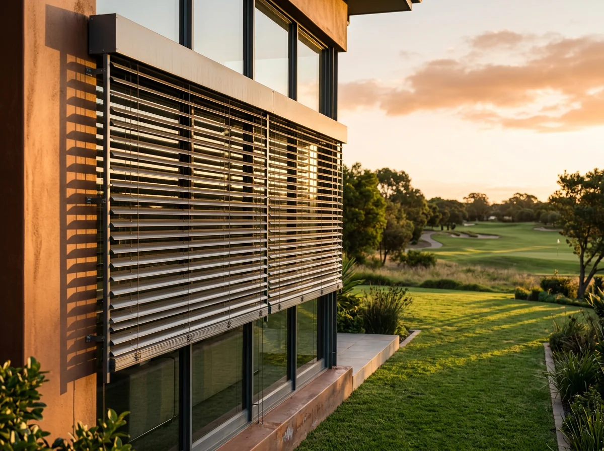 External aluminium venetian blind mounted outside the glass on a golf-estate facade, slats tilted against the low afternoon sun