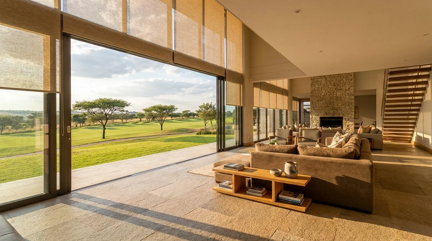 Wide golf estate living room with sliding glass doors and sunscreen roller blinds framing the fairway