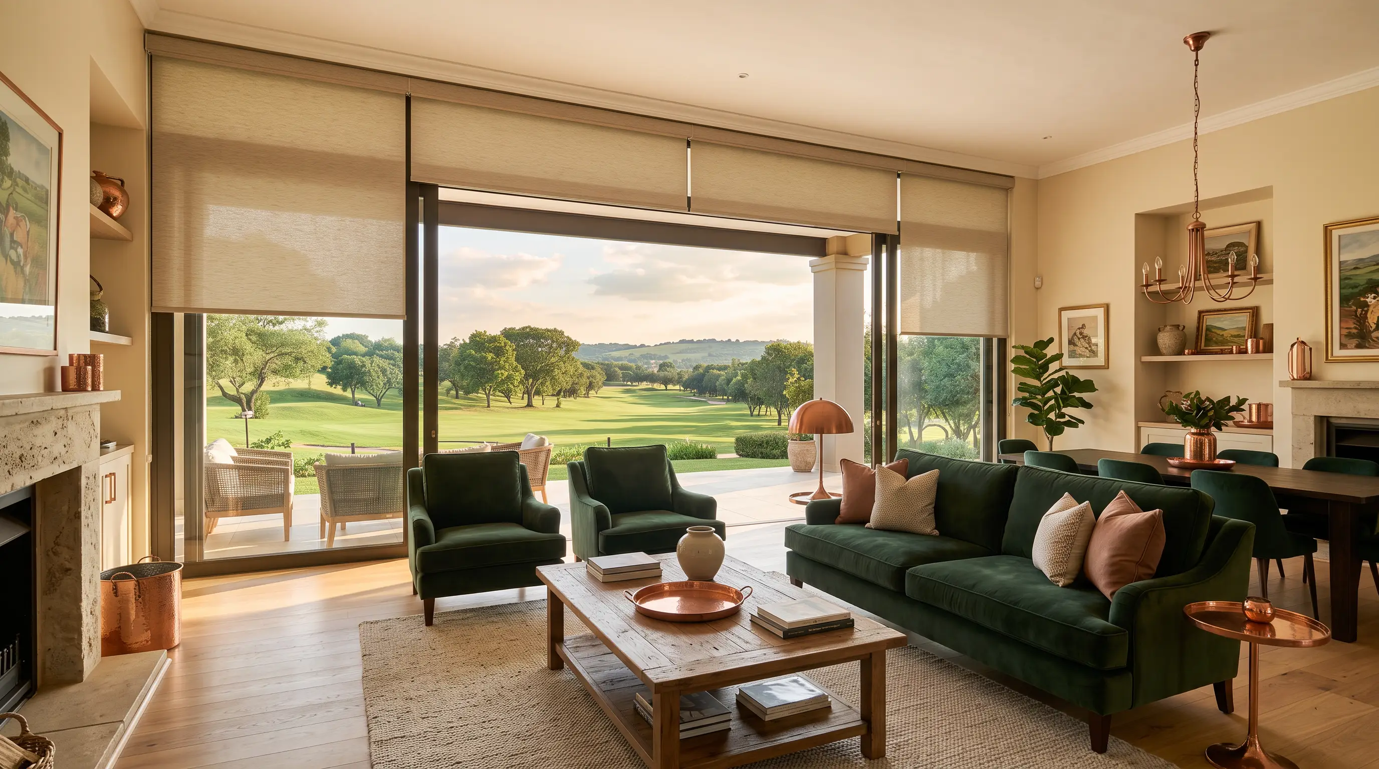 Sunscreen roller blinds drawn over sliding doors opening onto the Copperleaf fairway, green velvet sofas and copper accents inside