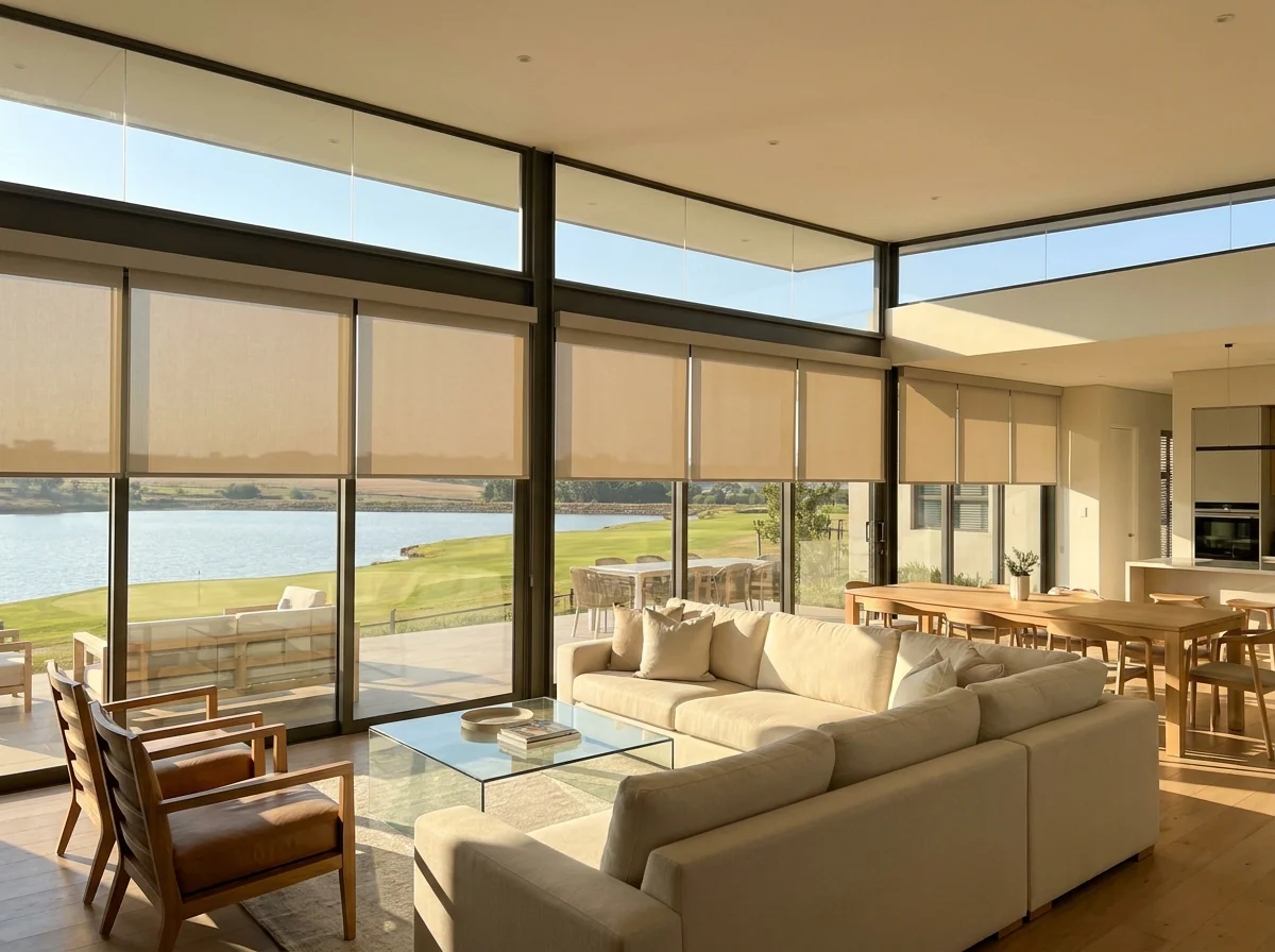 Open-plan living room with sunscreen roller blinds cutting glare off a dam and fairway view