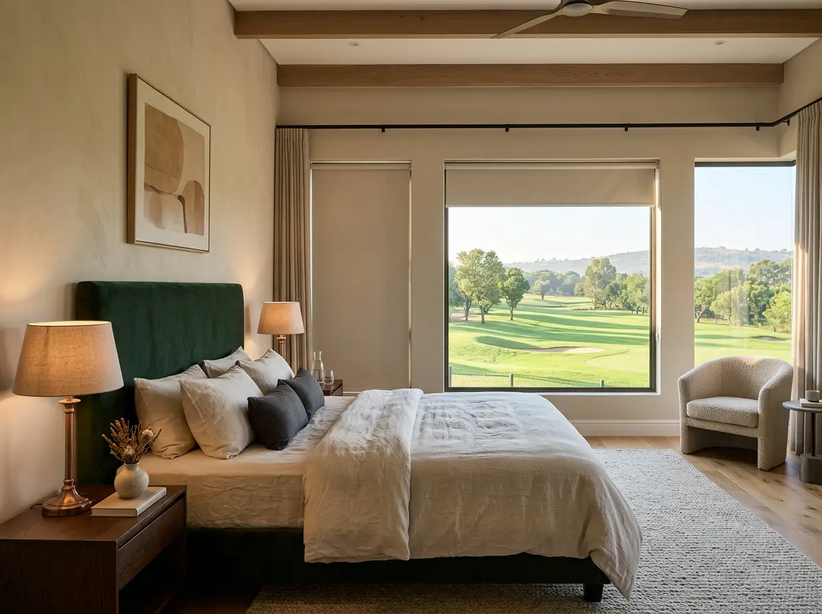 Main bedroom with a deep green headboard and roller blinds framing the fairway view