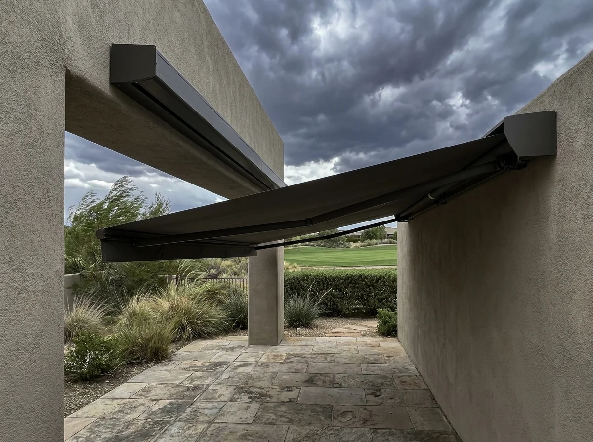 Folding-arm awning retracting into its cassette as highveld storm clouds gather over the fairway